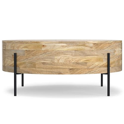 SIMPLIHOME Rayburn 38" Wide Solid Mango Wood Drum Coffee Table in Natural | Modern industrial coffee table with black metal legs and a large surface; round cocktail table or center table. - color: Refined Natural