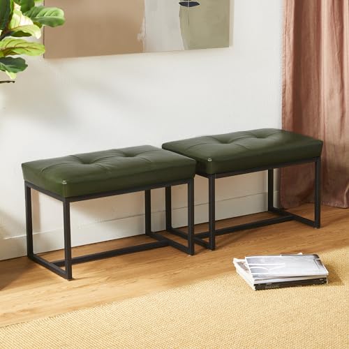 Glitzhome Ottoman Bench Pack of 2, Modern PU Leather Vanity Stools Chairs with Metal Frame, Makeup Stool Padded Foot Rest Stool for Living Room Vanity, Entryway, Bathroom,Green - color: Green, Pack of 2