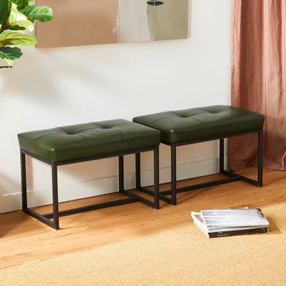 Glitzhome Ottoman Bench Pack of 2, Modern PU Leather Vanity Stools Chairs with Metal Frame, Makeup Stool Padded Foot Rest Stool for Living Room Vanity, Entryway, Bathroom,Green - color: Green, Pack of 2