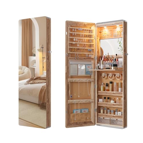 HNEBC Over the Door Jewelry Organizer with LED Lights, 47.2" Full Length Mirror with Storage, Wall Mounted Jewelry Armoire, Hanging Mirror with 2 Drawers,Lokable,3 Shelves(Wood) - color: B-Brown