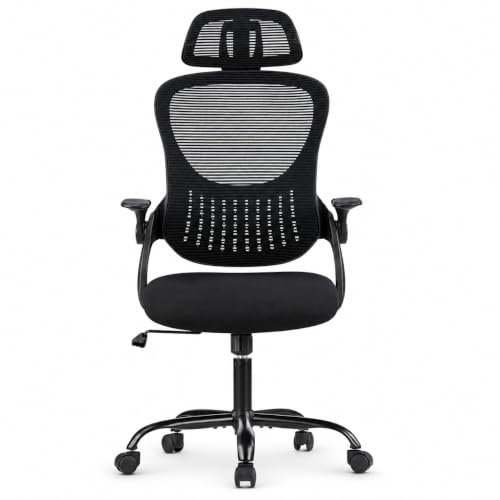 Black Ergonomic Office Chair, High Back Mesh Desk Chair with Adjustable Headrest Lumbar Support, Computer Chairs with Flip-up Armrests and Thickened Cushion for Adults Home Office, 360° Swivel - color: Black With Headrest