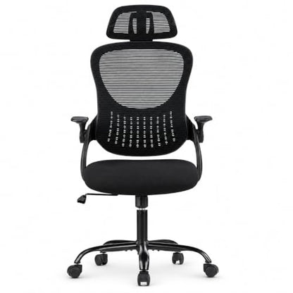 Black Ergonomic Office Chair, High Back Mesh Desk Chair with Adjustable Headrest Lumbar Support, Computer Chairs with Flip-up Armrests and Thickened Cushion for Adults Home Office, 360° Swivel - color: Black With Headrest