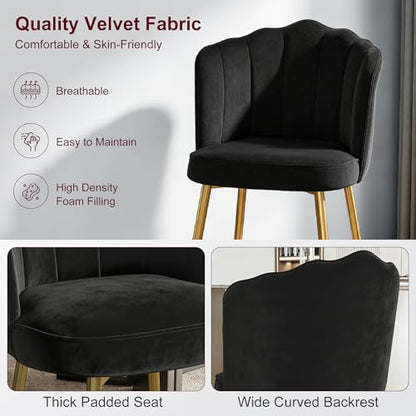 VECELO Velvet Dining Chairs Set of 2, Modern Upholstered Kitchen Chairs with Thick Cushions, Curved Padded Backrest and Metal Legs, for Kitchen, Dining Room, Living Room, Black - color: Black, size: Set of 2