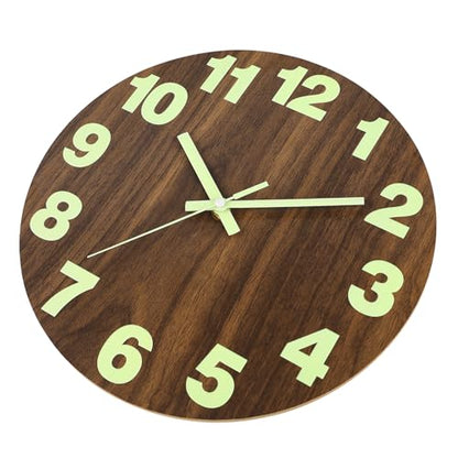 Plumeet Night Light Wall Clock, 16 Inch Wooden Glow in the Dark Clock for Bedroom, Extra Large Silent Lighted up Wall Clock Luminous Numerals and Hands, Battery Operated for Living Room/Kitchen, Brown