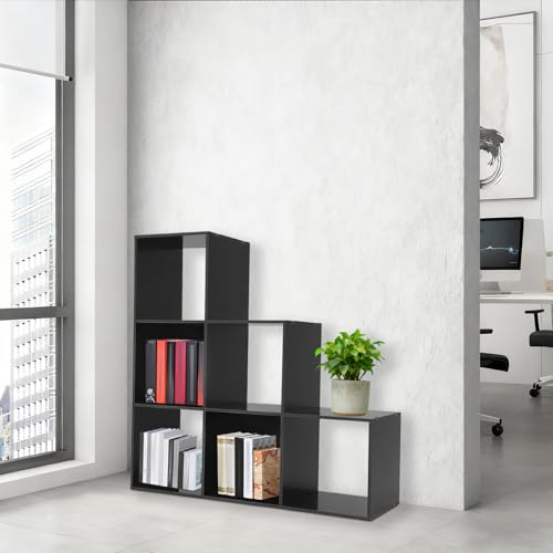 3-Tier Stepped Bookshelf, 6 Cube Storage Organizer, Freestanding Ladder Bookcase, L-Shaped Corner Shelf, Room Divider Shelf, 35.4" Tall Modern Display Shelf for Home Office Living Room - size: 6-Cube/L-Shaped