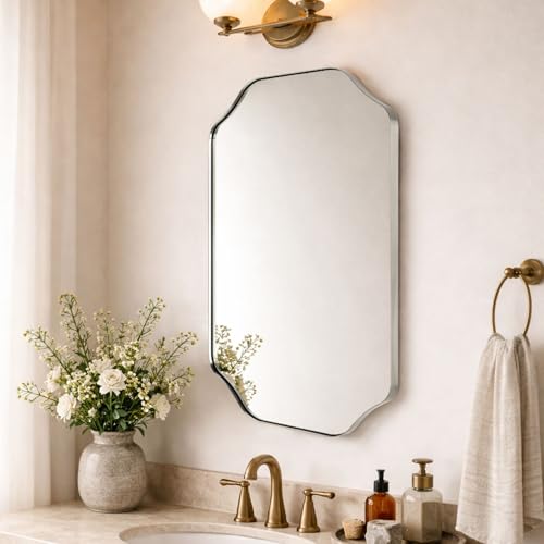 TEHOME Brushed Nickel Scalloped Bathroom Vanity Mirror 20x30'' Decorative Silver Metal Framed Asymmetrical Bathroom Mirror - color: Brushed Nickel, size: 30"L x 20"W