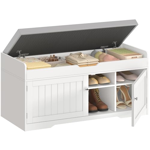 2-Tier Storage Bench, Shoe Bench with Adjustable Shelf & Lift Top Storage, Entryway Bench with Cushioned Seat,13.8"D x 36.2"W x 19.7"H, Shoe Organizer for Entryway, Living Room, Bedroom, White - size: 13.7"D x 36.2"W x 19.6"H