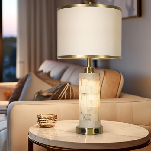 KIVDITZO 27" Alabaster Table Lamps Set of 2 for Living Room Bedroom | Bedside Lamps with Night Light, Nightstand Lamp with USB A+C Ports, Modern Table Lamp with Linen Shade, Bulbs Included - color: White