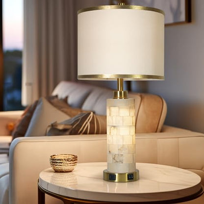 KIVDITZO 27" Alabaster Table Lamps Set of 2 for Living Room Bedroom | Bedside Lamps with Night Light, Nightstand Lamp with USB A+C Ports, Modern Table Lamp with Linen Shade, Bulbs Included - color: White