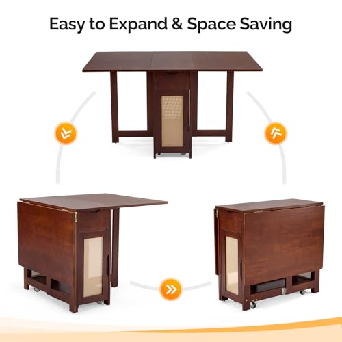 VINGLI Folding Dining Table Set Extendable Drop Leaf Solid Wood Foldable Table 5 Piece with 4 Chairs 2 Drawers and Wheels for Kitchen Space Saving,Walnut