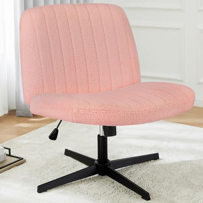 DUMOS Criss Cross Chair No Wheels, Cross Legged Office Desk Armless Vanity Chiar Wide Seat, Height Adjustable Swivel Computer Task Chairs for Home Bedroom, Pink Teddy - color: Pink Teddy