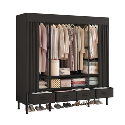 Portable Closet with Drawers 55.1"x17.7"x65.7" Wardrobe Closet Black | Portable Closet for Hanging Clothes, Fabric Drawers and Hanging Rod, Portable Wardrobe Storage for Bedroom or Dorm Use - color: Black-b, size: 55.1" L