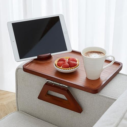 Bamboo Couch Arm Table with Device Holder, Clip On Tray. for TV Dinners, Remotes, Drinks, Snacks and Small Spaces (Rectangular with Device Holder, Brown, Regular 13.75 x 9.5) - color: Brown, size: Regular 13.75 x 9.5", style: Bamboo Rectangular with Devic
