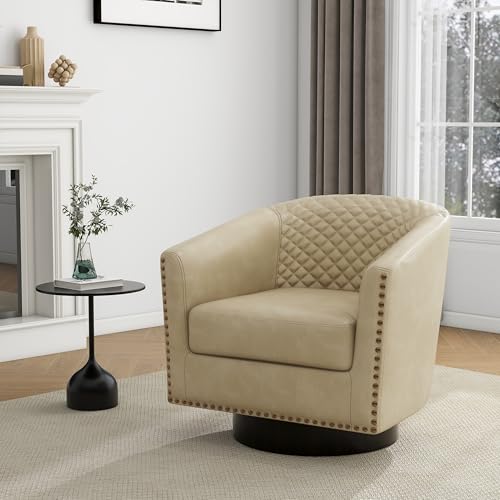 Faux Leather Swivel Accent Chair, Modern Barrel Club Armchair, Beige | Comfy Living Room Chair, Modern Nailhead Trim Round Armchair Bedroom Reading Seat with Removable Cushion, Wood Frame - color: Retro Beige