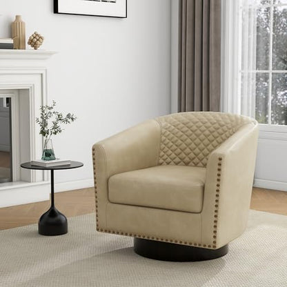 Faux Leather Swivel Accent Chair, Modern Barrel Club Armchair, Beige | Comfy Living Room Chair, Modern Nailhead Trim Round Armchair Bedroom Reading Seat with Removable Cushion, Wood Frame - color: Retro Beige