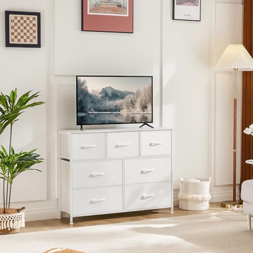 Sweetcrispy 7 Drawer Dresser Storage Organizer with Fabric Bins, White | Sturdy Steel Frame and Wood Top, Easy Pull Handles, for Bedroom Closet Hallway Entryway - color: White, size: 39.4"D x 11.8"W x 30.6"H (7 Drawers)