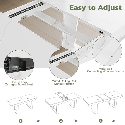 71-87 Inch White Extendable Dining Table, Seats 6-10, Modern Kitchen Table | STHOUYN Expandable Dining Room Table, White Marble-Look Finish, Modern Rectangle Design, Seats 6-10, Kitchen Dinner Table - color: White