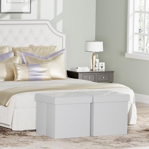 VECELO Storage Ottoman, Footrest Footstool, Folding Ottoman Small Square Cube Storage Chest for Living Room Utility Room Entryway, Holds up to 250 lb, 15 x 15 x 15 inches, White