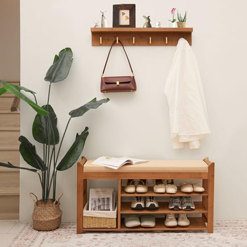 PETKABOO Hall Tree with Bench and Shoe Storage, Coat Rack Shoe Bench Set with Seat Cushion and 6 Hooks for Entryway, Hallway, Living Room and Bedroom - color: Brown, style: 39 in with hook
