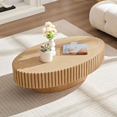 JUSTONE 43.31 Inch Oval Coffee Table, Farmhouse Wood Farmhouse Style with Handcrafted Relief & Circle Drum Design for Living Room & Apartments, 43.31x13.78 Inches (Oak) - color: 43.3'' Oval - Oak