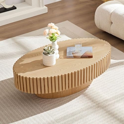 JUSTONE 43.31 Inch Oval Coffee Table, Farmhouse Wood Farmhouse Style with Handcrafted Relief & Circle Drum Design for Living Room & Apartments, 43.31x13.78 Inches (Oak) - color: 43.3'' Oval - Oak