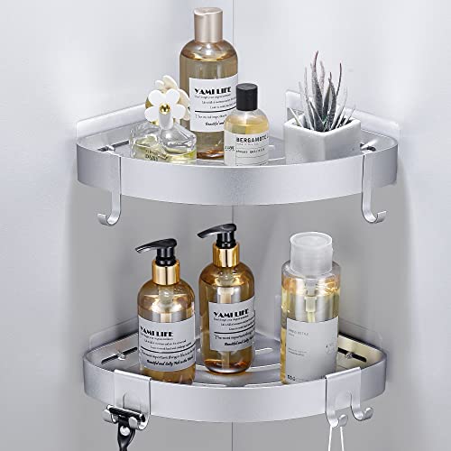 DUFU Adhesive Corner Shower Caddy with Hooks, Silver, 2 Pack | Bathroom Shower Organizer, No Drilling, Rust Proof Aluminum Shower Shelf For Inside Shower - color: Silver