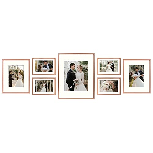 Golden State Art 7 Pack Aluminum Frames, Includes 5x7 8x10 11x14, Rose Gold | Shatter-resistant Glass, Assorted Sizes: One 11x14, Two 8x10, Four 5x7, Horizontal/Vertical Wall Mount & Tabletop Display - color: Rose Gold, size: Style 1
