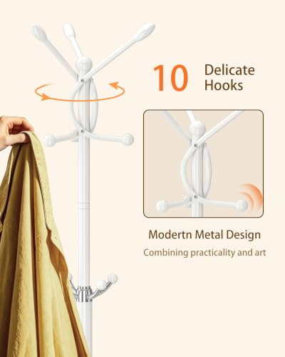 Metal Coat Rack, Modern Coat Rack Stand, Heavy Duty Coat Tree Stand | Coat Rack Freestanding with Natural Marble Base, Coat Racks, White Clothes Tree Hanger Stand with 10 Hooks & Umbrella Holder - color: White-10Hooks