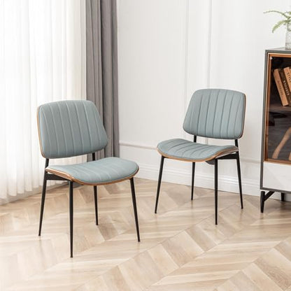 LUNLING Dining Chairs Set of 2,Mid Century Modern Retro Faux Leather Chair with Walnut Bentwood Upholstered Seat Metal Legs Adjustable Foot for Kitchen Dining Room Chairs(Blue) - color: Blue, size: Set of 2