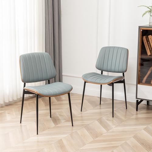 LUNLING Dining Chairs Set of 4 Mid Century Modern Retro Faux Leather Chair with Walnut Bentwood Upholstered Seat Metal Legs Chairs,Adjustable Foot for Kitchen Dining Room Chairs(Blue) - color: Blue, size: Set of 4