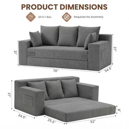 Boneless Couch 70 inch: 3-in-1 Convertible Sofa Bed Futon Couch Bed, Oversized Loveseat Sleeper Sofa with 5 Pillows, Gray Couch for Living Room, Bedroom & Small Space - color: Grey, size: 70 Inch