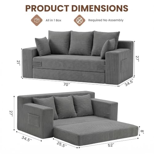 Boneless Couch 70 inch: 3-in-1 Convertible Sofa Bed Futon Couch Bed, Oversized Loveseat Sleeper Sofa with 5 Pillows, Gray Couch for Living Room, Bedroom & Small Space - color: Grey, size: 70 Inch