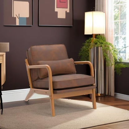 Karl home Mid-Century Modern Accent Reading Chair, Brown | Bronzing Upholstered, Solid Wood Frame, Soft Cushion, Lumbar Pillow, Lounge Armchair for Living Room, Bedroom, Balcony, Study - color: Bronzing Brown