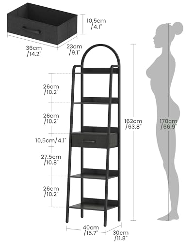 5 Tier Ladder Shelf with Drawer, Tall Ladder Bookshelf, Standing Bookcase with Metal Frame for Living Room, Bathroom, Home Office, Study, Balcony, Black TCJ07BB - color: Black