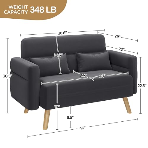 Yaheetech 46" Small Sofa Compact Modern Couch with Wood Legs, Dark Gray | Loveseat Small Sofa in Fabric 2 Seater Couch Features Wood Legs, Lumbar Pillows, Easy Assembly for Living Room, Bedroom, Dorm - color: Dark Gray