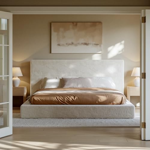 Evermagin White King Upholstered Cloud Bed Frame with Headboard | Soft Frame Cloud Bed with 2 Tray Tables, Modern Platform Cushion Bed Frame for Bedroom, No Box Spring Required Easy Assembly - size: King