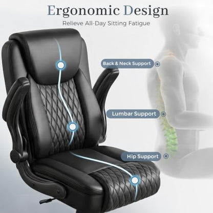 GTPOFFICE Executive Office Chair with Comfortable Lumbar Support, Ergonomic Gaming Chair with Flip-up Armrests & Zoned Pressure-Relief Cushion, Comfy PU Leather Desk Chair, Black - color: Black