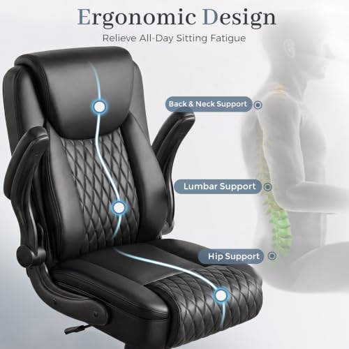 GTPOFFICE Executive Office Chair with Comfortable Lumbar Support, Ergonomic Gaming Chair with Flip-up Armrests & Zoned Pressure-Relief Cushion, Comfy PU Leather Desk Chair, Light Black - color: Light-black