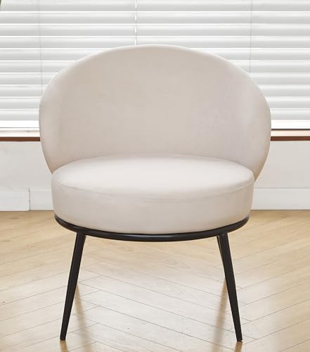 GDFStudio 27" Modern Accent Chair, Comfy Lounge Chair, Velvet Upholstered Chair, Mid Century Modern Armchair with Metal Legs, Solid Wood Frame, Cushion Barrel Side Chair for Living Room Bedroom, Beige - color: Beige + Velvet