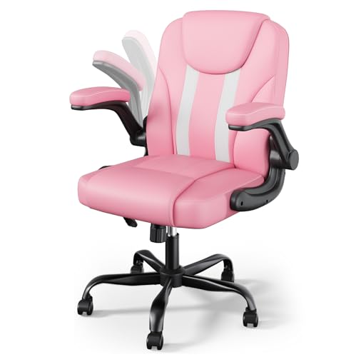 Ergonomic Office Chair, Mid Back Executive PU Leather Desk Chair with 3.5" Dual-Layer Cushion, Flip-up Armrests, Swivel Rolling Wheels, Adjustable Height, Pink - color: Pink