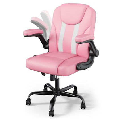Ergonomic Office Chair, Mid Back Executive PU Leather Desk Chair with 3.5" Dual-Layer Cushion, Flip-up Armrests, Swivel Rolling Wheels, Adjustable Height, Pink - color: Pink