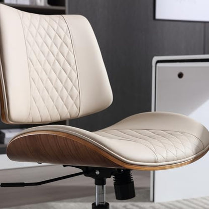 Home Office Chair No Arms with Wheels, Adjustable Height Small Desk Chair, PU Leather Mid Back 360 Swivel Computer Chair, Armless Modern Walnut Chair for Office, Reading Meeting Room(Beige) | Adjustable Height Small Desk Chair, PU Leather Mid Back 360 Swi