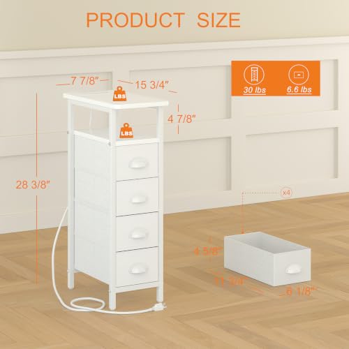sthmec Nightstand Set 2 with Charging Station, Narrow End Table Set of 2 with 4 Drawers, LED Side Table with Fabric Drawers,Slim Sofa Couch Tables for Small Spaces,Living Room,Bedroom, White - color: White, style: Power & LED