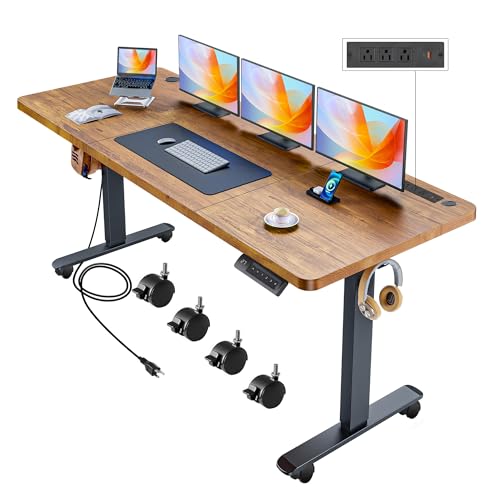 70.8'' x 27'' Electric Standing Desk Adjustable Height with Charging Station, Wheels, 2 USB Ports, 3 Power Outlets, 27''-46'' Lifting Range Stand up Desk for Home Office(Brown) - color: Brown, size: 70 x 27''