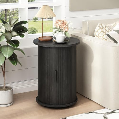 Wnutrees Round Fluted End Table, Small Accent Pedestal Side Table, Black | Wood Nightstand with Sliding Door & 2 Tier Shelf, Bedside Unit for Living Room, Bedroom - color: Black