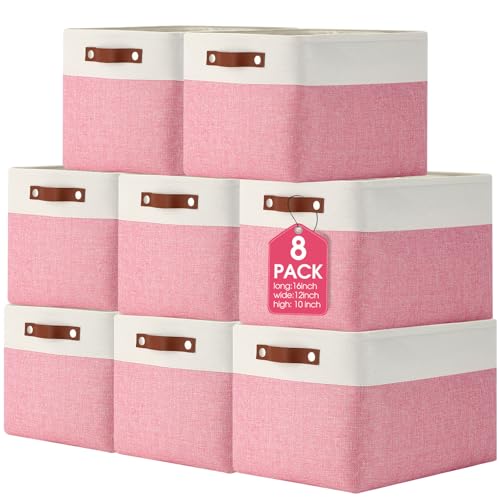 Uiifan 8 Pack 16 x 12 x 10 Inch Large Storage Baskets Collapsible Fabric Storage Cubes Bins with Handles for Shelves Closets Nursery Home Clothes Toys Organizers, Pink - color: Pink, size: 16 x 12 x 10 Inch