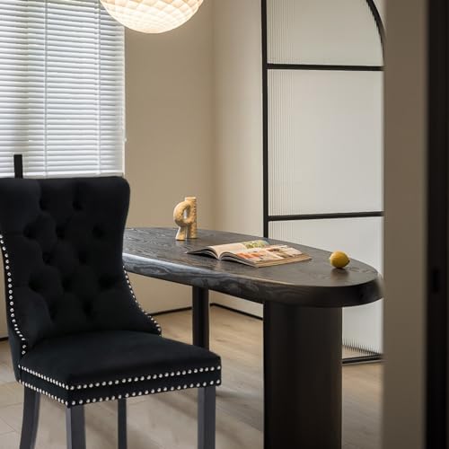 Velvet Upholstered Dining Chairs Set of 2, Modern Style Kitchen Side Chairs with Nailhead Trim and Wood Legs,Metal Pulling Ring for Dining Room Living Room(Black,Set of 2) - color: Black, size: Set of 2