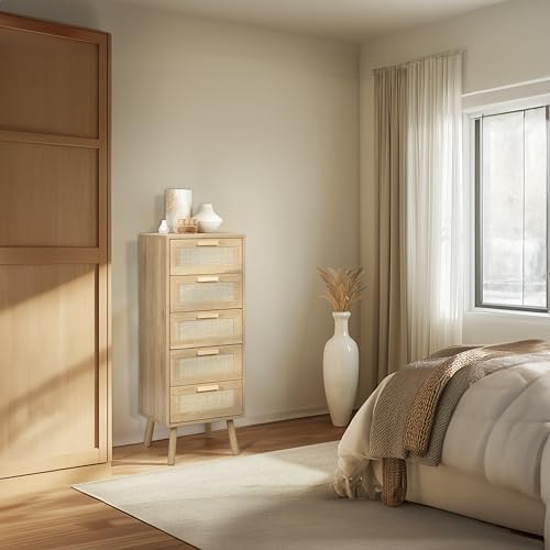 Finnhomy Rattan Dresser for Bedroom, Tall Dresser with 5 Hand Made Rattan Decorated Drawers, Small Chest of Drawers for Living Room, Closet, Hallway, Natural - size: 15.6"D x 15.7"W x 42.1"H (5 Drawers)