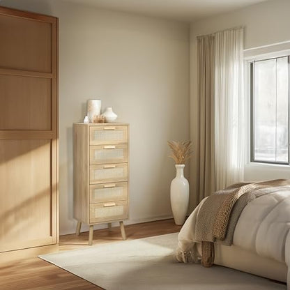 Finnhomy Rattan Dresser for Bedroom, Tall Dresser with 5 Hand Made Rattan Decorated Drawers, Small Chest of Drawers for Living Room, Closet, Hallway, Natural - size: 15.6"D x 15.7"W x 42.1"H (5 Drawers)