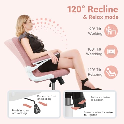 Office Chair with Wheels, Ergonomic Computer Desk Chair with Flip-up Armrest, Adjustable Rolling Swivel Chair Teddy Fleece – Dusty Pink - color: Dirty Pink